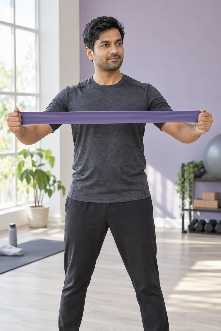 A presenter demonstrates compact fitness equipment in a bright workout studio.