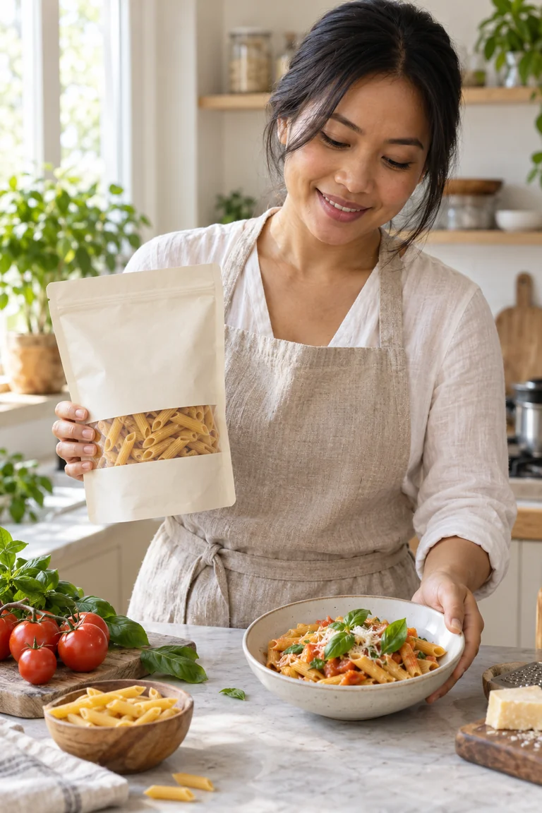 A presenter displays packaged food and a serving bowl in a kitchen studio.